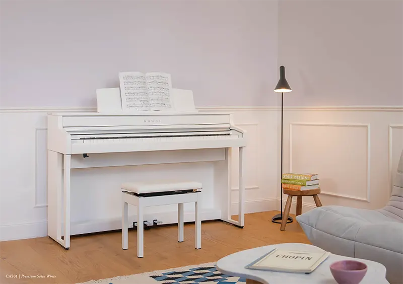 Kawai CA401 digital piano warna putih di ruang keluarga minimalis - Allegro piano