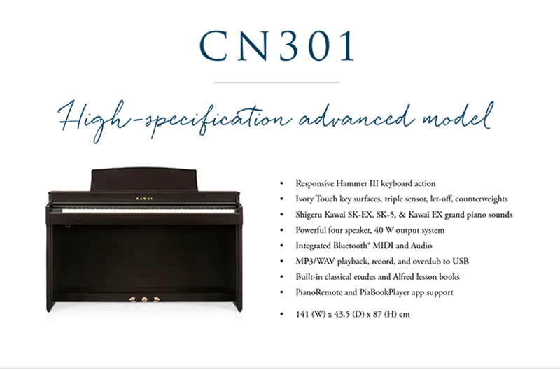 Piano digital Kawai CN301 dengan 88 tuts Responsive Hammer III dan desain kabinet elegan - Allegro piano