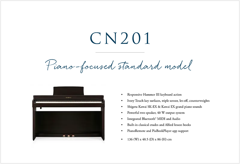 tampilan samping piano digital Kawai CN201 yang menunjukkan desain bodi ramping - Allegro piano
