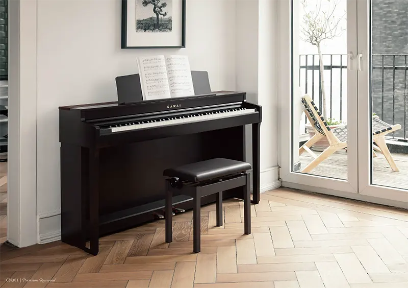 Digital piano Kawai CN201 berwarna hitam dengan desain upright modern dan tiga pedal bawaan - Allegro piano