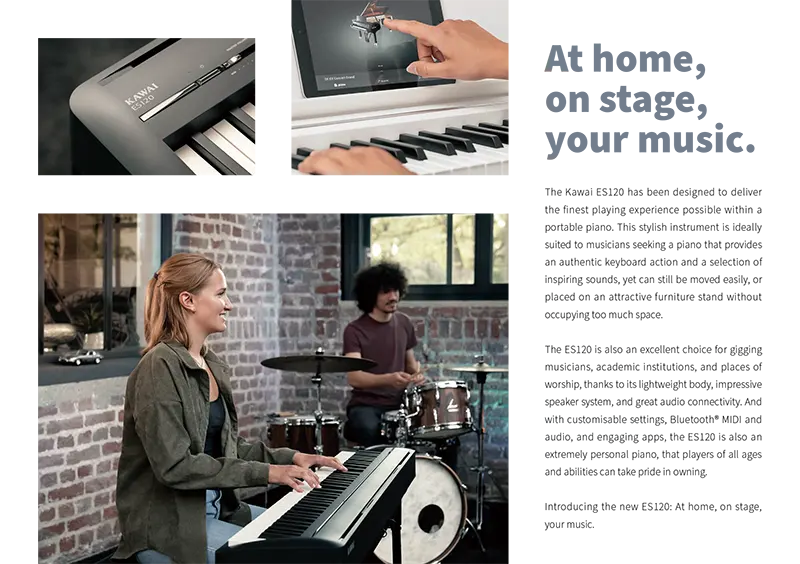 Piano portabel Kawai ES120 yang menghadirkan suara piano grand dan tuts realistis - Allegro piano