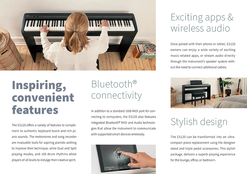 Kawai ES120 dengan keyboard Responsive Hammer Compact dan fitur Bluetooth Audio/MIDI - Allegro piano