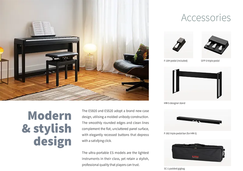 Piano digital Kawai ES520 putih dengan desain modern dan kualitas suara autentik - Allegro piano
