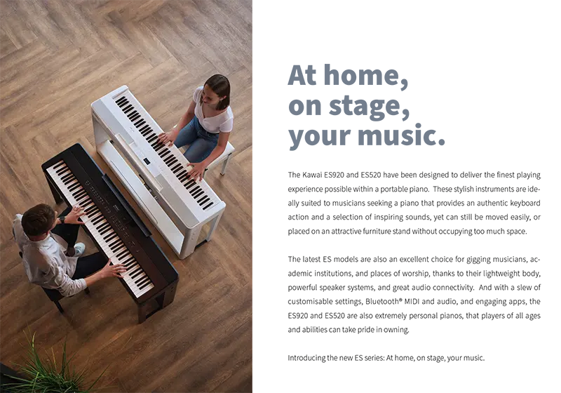 Piano digital Kawai ES520 berdesain ringan dan ramping, ideal untuk latihan dan pertunjukan - Allegro piano