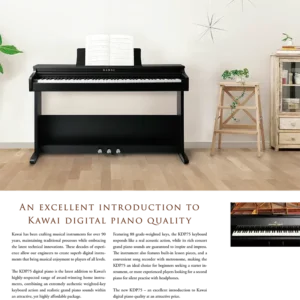 Digital piano Kawai KDP75 berwarna hitam dengan desain upright sederhana dan tiga pedal bawaan - Allegro piano