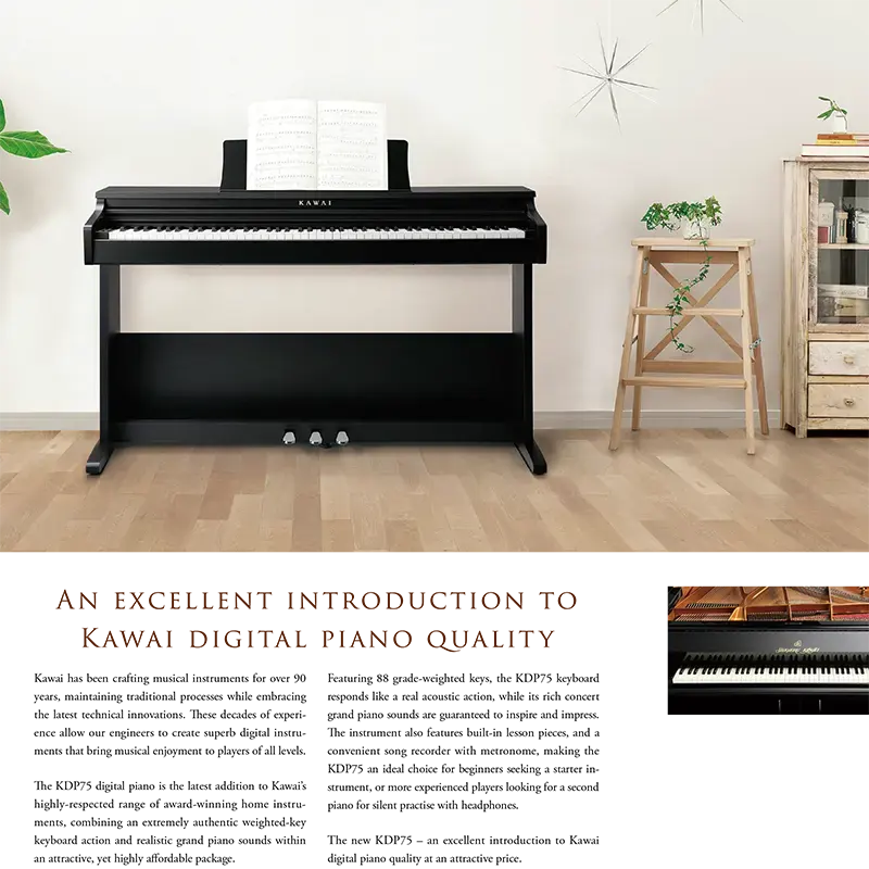 Digital piano Kawai KDP75 berwarna hitam dengan desain upright sederhana dan tiga pedal bawaan - Allegro piano