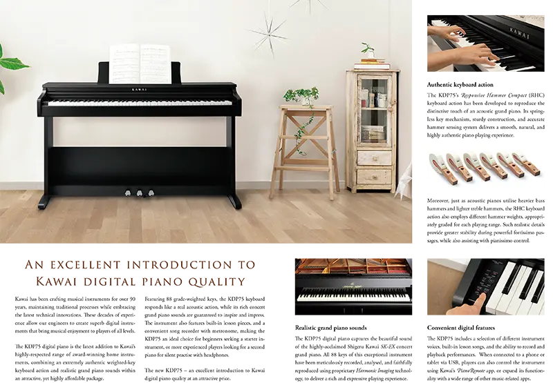 Kawai KDP75 ditempatkan di sudut ruangan minimalis dengan pencahayaan hangat - Allegro piano