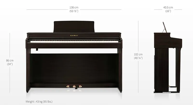 Tampilan samping piano digital Kawai CN201 yang menunjukkan desain bodi ramping - Allegro piano