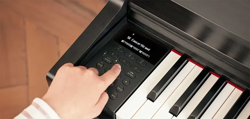 Detail panel kontrol Kawai CN301 dengan tombol mode dan fungsi suara - Allegro piano