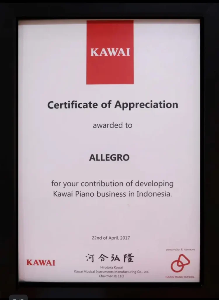 Certificate of apprecition awarded to Allegro Piano